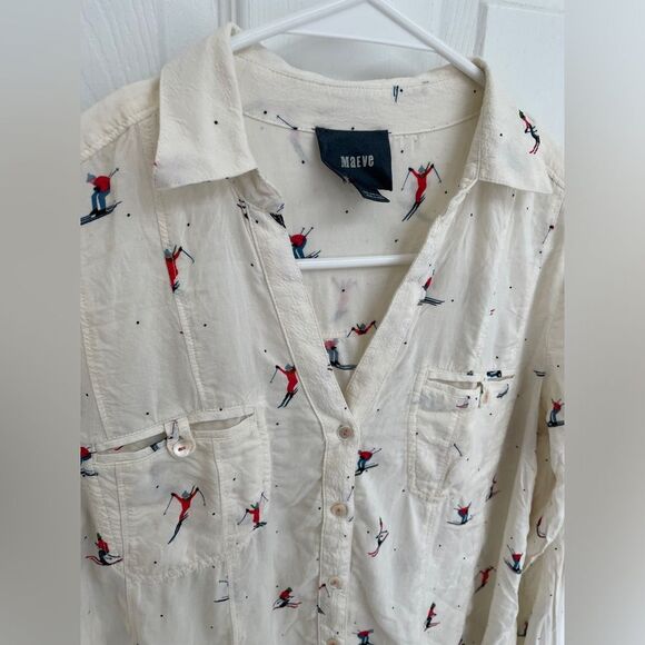 Maeve Anthropologie Skiers Pattern Off White Button Down Collared Shirt Size 0 - Picture 4 of 8
